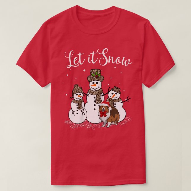 Sheltie Mum Let It Snow Snowman Leopard Print  T-Shirt (Design Front)