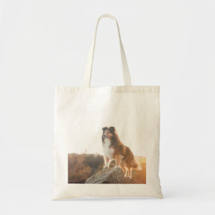 Sheltie on Cliff protectng heard during sunset Tote Bag