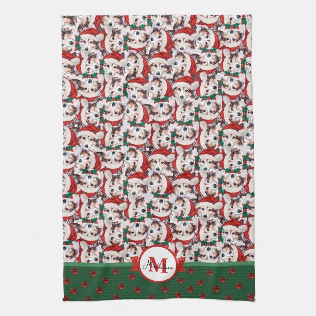 Sheltie Pattern Monogram Christmas Dog Tea Towel (Vertical)
