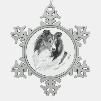 Sheltie Pen & Ink By Cindy Alvarado - Yeary Snowflake Pewter Christmas Ornament