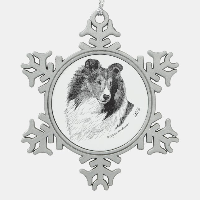 Sheltie Pen & Ink By Cindy Alvarado - Yeary Snowflake Pewter Christmas Ornament (Front)