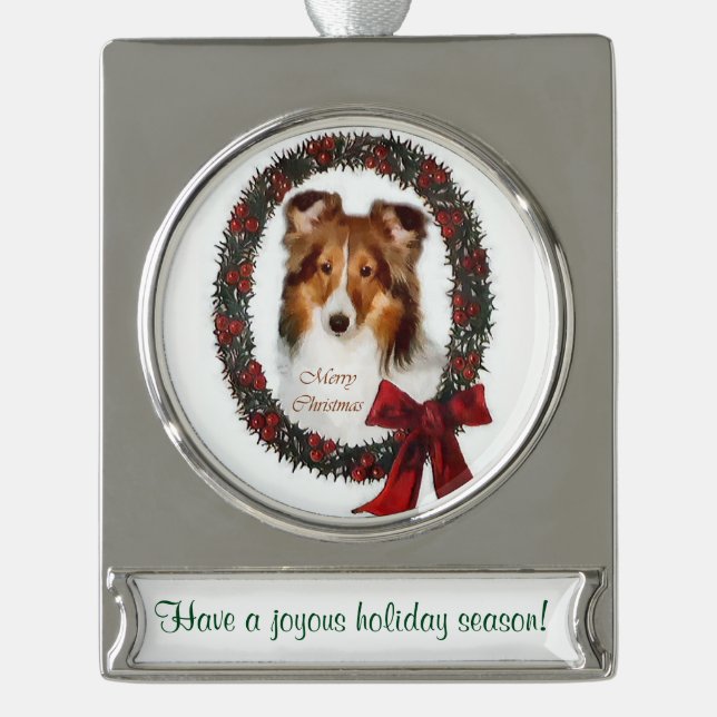 Sheltie Personalised Christmas Silver Plated Banner Ornament (Front)