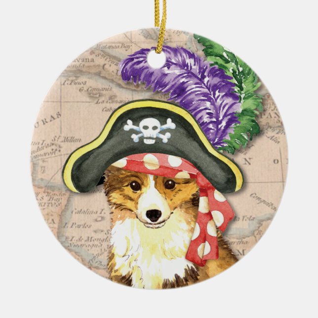 Sheltie Pirate Ceramic Tree Decoration (Front)