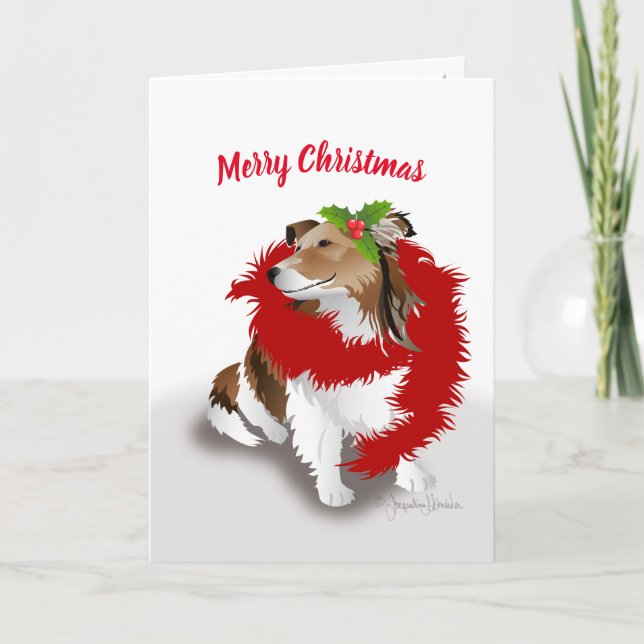 Sheltie, Red Scarf and Holly, Holiday Christmas (Front)