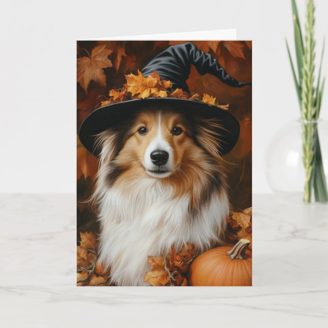 Sheltie Witch Halloween Holiday Card (Front)