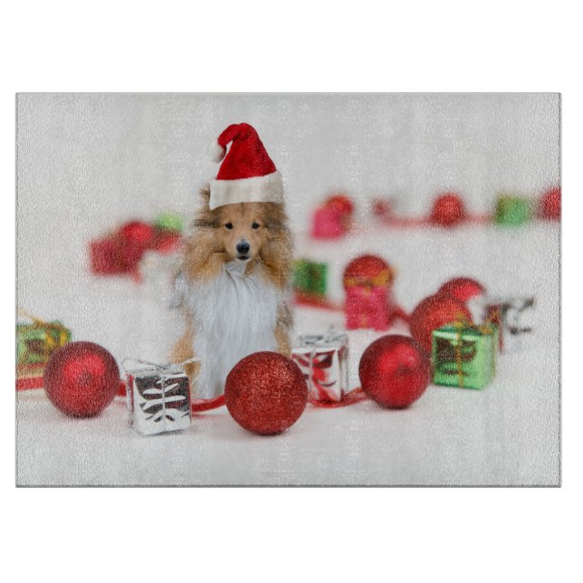 Sheltie with Christmas Ornament Cutting Board (Front)