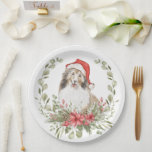 Shelties in a Santa Hat  Paper Plate<br><div class="desc">This fun Christmas paper plate design features a sheltie wearing a red and white Santa hat inside a beautiful Christmas wreath.</div>