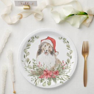 Shelties in a Santa Hat Paper Plate