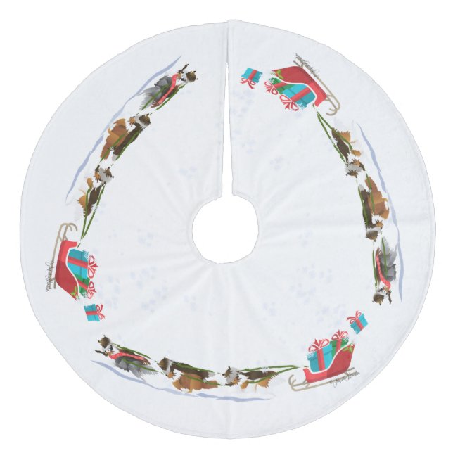 Shelties Pulling Sleigh, Snowing, Christmas Fleece Tree Skirt (Front)