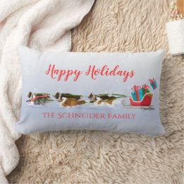 Shelties Pulling Sleigh, Snowing Holiday Christmas Lumbar Cushion