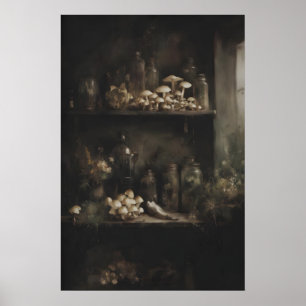 Shelves Filled With Mushrooms and Vintage Bottles Poster