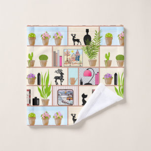 Shelves with flowers, books and decorations bath towel set