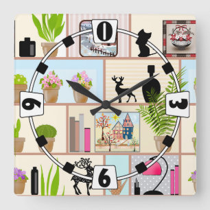 Shelves with flowers, books and decorations square wall clock