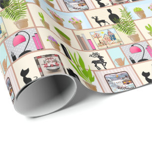 Shelves with flowers, books and decorations wrapping paper