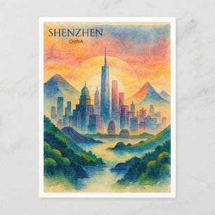  Shenzhen China Watercolor Skyline Souvenir Holiday Postcard