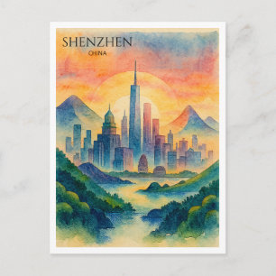 Shenzhen China Watercolor Skyline Souvenir Holiday Postcard