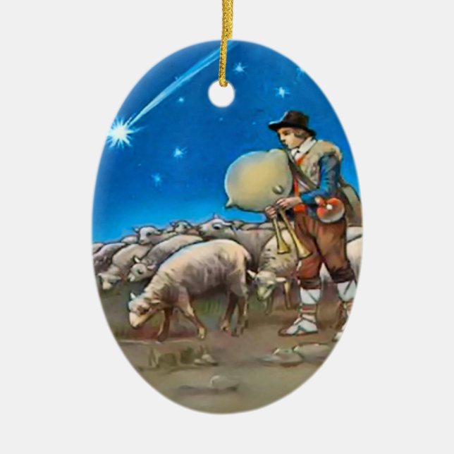 Shepherd and sheep ceramic tree decoration (Front)