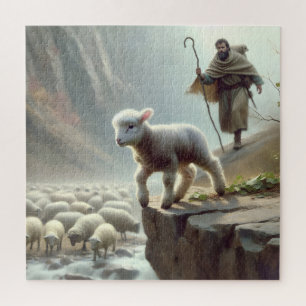 Shepherd Chasing a Lost Lamb On a Mountain Cliff Jigsaw Puzzle