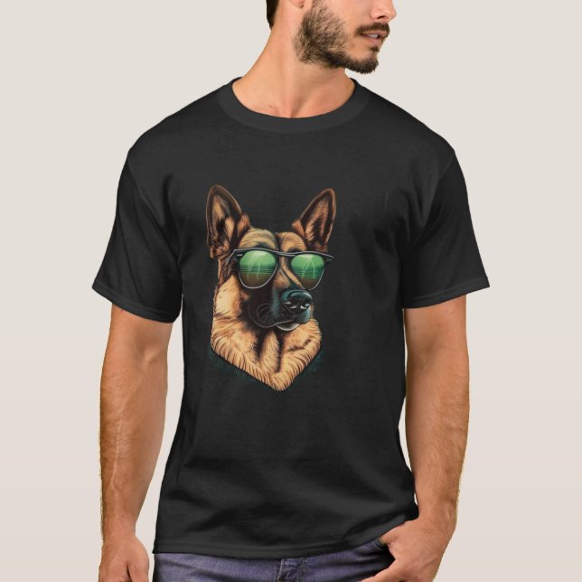 Shepherd Dog with green Sunglasses T-Shirt (Front)