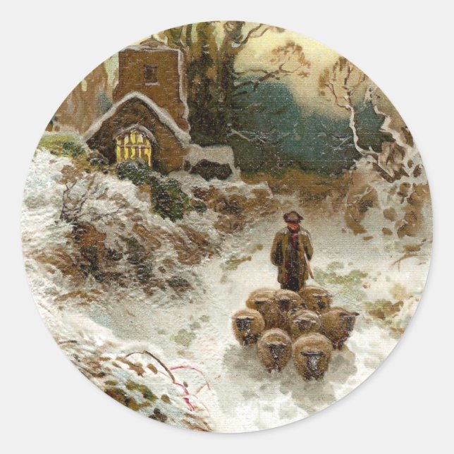 Shepherd Herding Sheep Vintage Christmas Classic Round Sticker (Front)