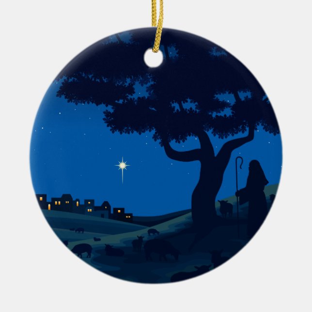 Shepherd on Christmas Eve Ceramic Tree Decoration (Front)