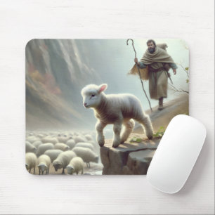 Shepherd With Lamb On Mountain Cliff Mouse Mat