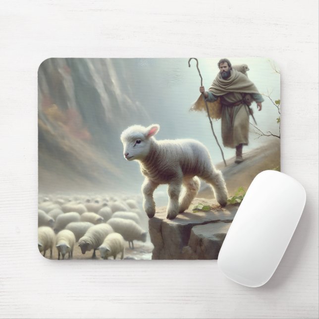 Shepherd With Lamb On Mountain Cliff Mouse Mat (With Mouse)