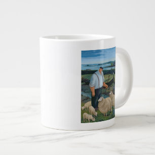 Shepherd with Sheep in River Landscape Large Coffee Mug