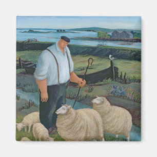 Shepherd with Sheep in River Landscape Magnet