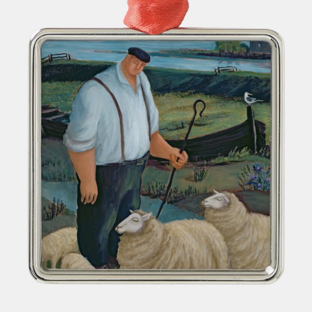 Shepherd with Sheep in River Landscape Metal Tree Decoration (Front)