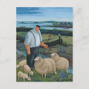Shepherd with Sheep in River Landscape Postcard