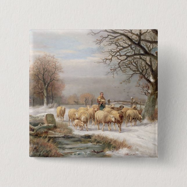 Shepherdess with her Flock in a Winter Landscape ( 15 Cm Square Badge (Front)
