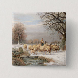 Shepherdess with her Flock in a Winter Landscape ( 15 Cm Square Badge