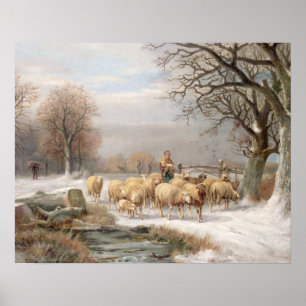 Shepherdess with her Flock in a Winter Landscape ( Poster