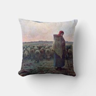 Shepherdess with Her Flock, Jean-Francois Millet Cushion