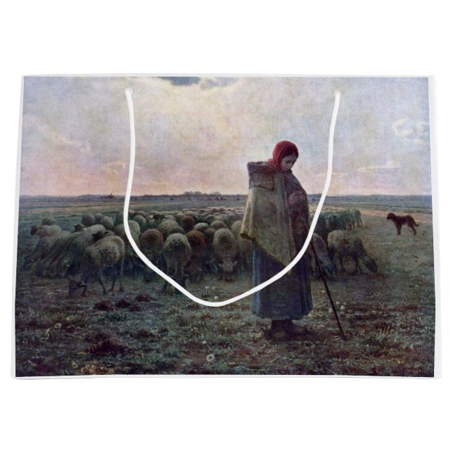Shepherdess with Her Flock, Jean-Francois Millet Large Gift Bag (Front)