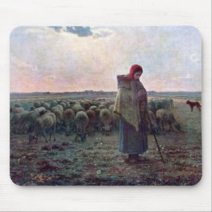 Shepherdess with Her Flock, Jean-Francois Millet Mouse Mat