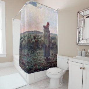 Shepherdess with Her Flock, Jean-Francois Millet Shower Curtain