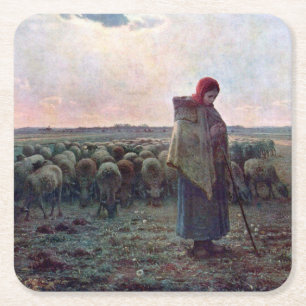 Shepherdess with Her Flock, Jean-Francois Millet Square Paper Coaster