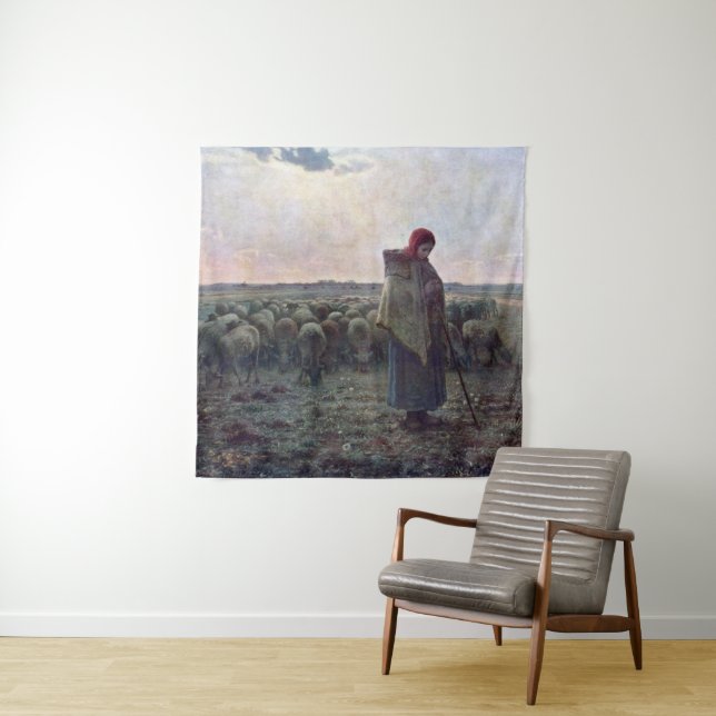 Shepherdess with Her Flock, Jean-Francois Millet Tapestry (In Situ (Horizontal))