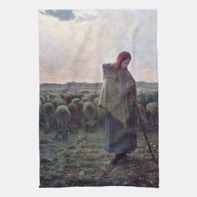 Shepherdess with Her Flock, Jean-Francois Millet Tea Towel (Vertical)