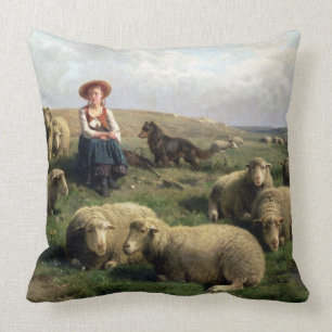 Shepherdess with Sheep in a Landscape Cushion