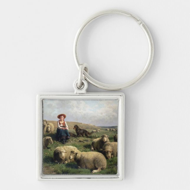 Shepherdess with Sheep in a Landscape Key Ring (Front)