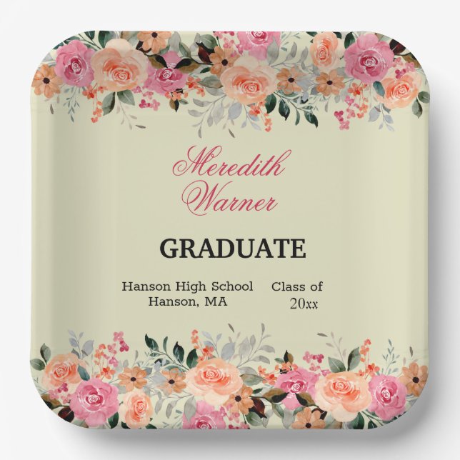 Sherbet Colour Floral Graduation Party Paper Plate (Front)