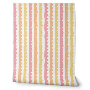 Sherbet Pink, Orange and Lemon Scalloped Stripe Wallpaper