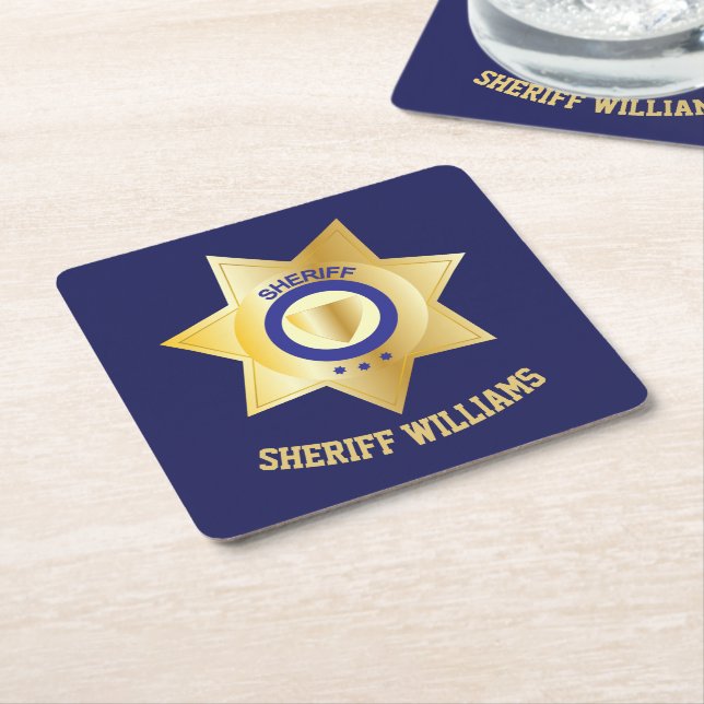Sheriff Badge Fun Personalised Square Paper Coaster (Angled)