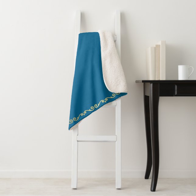 Sherpa Blanket-Peacock Blue & Gold Scroll Print Sherpa Blanket (In Situ)