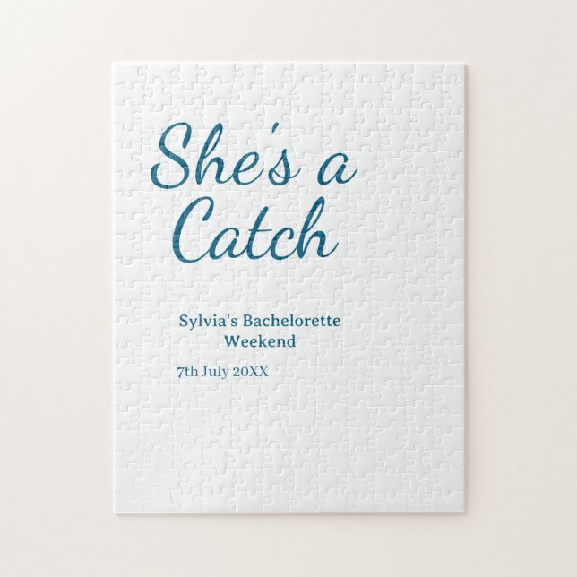 She's a catch bachelorette weekend name blue date  jigsaw puzzle (Vertical)