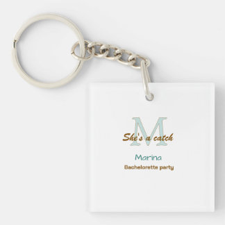 She's a catch blue monogram bachelorette party bro key ring