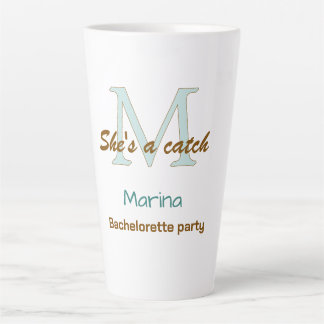 She's a catch blue monogram bachelorette party bro latte mug